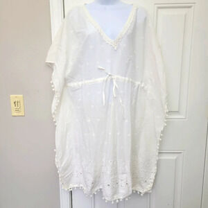 NWT Advance Apparels White Crochet Pom Pom Kimono Swim Cover Up One Size